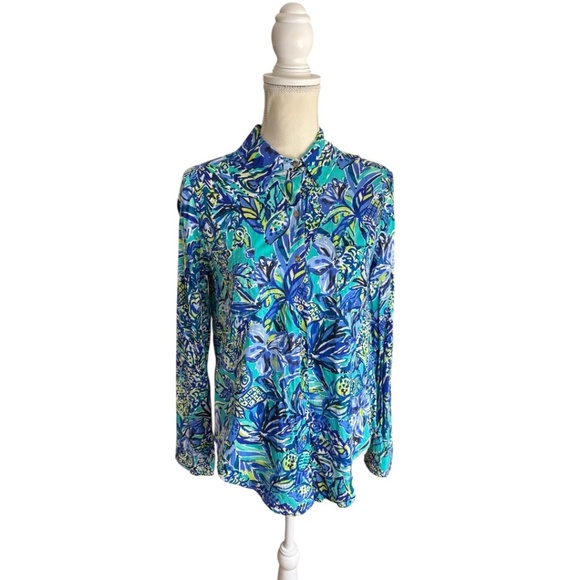 Vibrant Lilly Pulitzer Blue & Green Notched Collar Button-Down Shirt - Picture 1 of 13